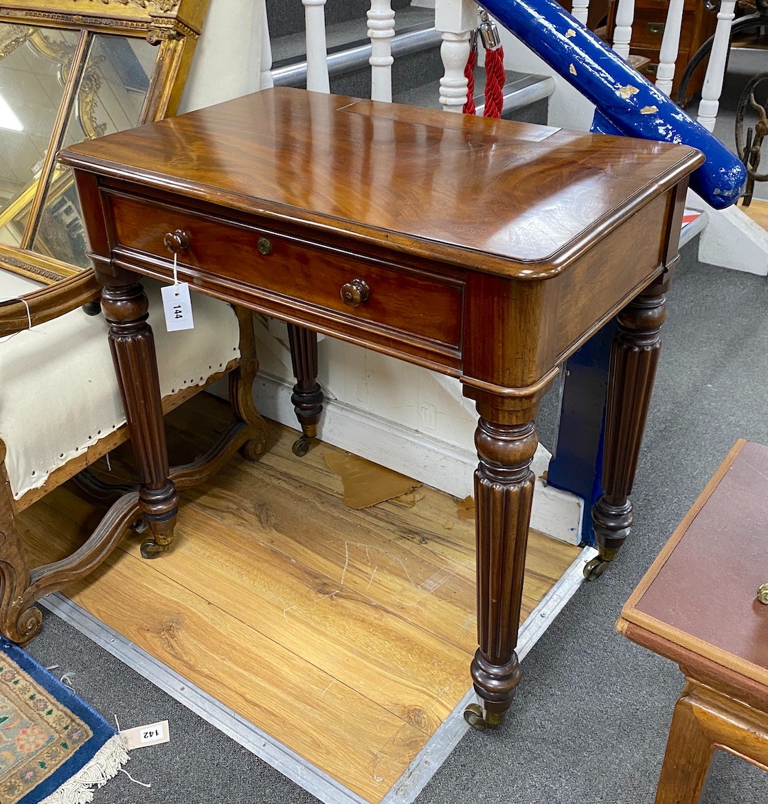 An early Victorian mahogany writing table stamped M Willson, 68 Great Queen Street, width 76cm, depth 48cm, height 74cm